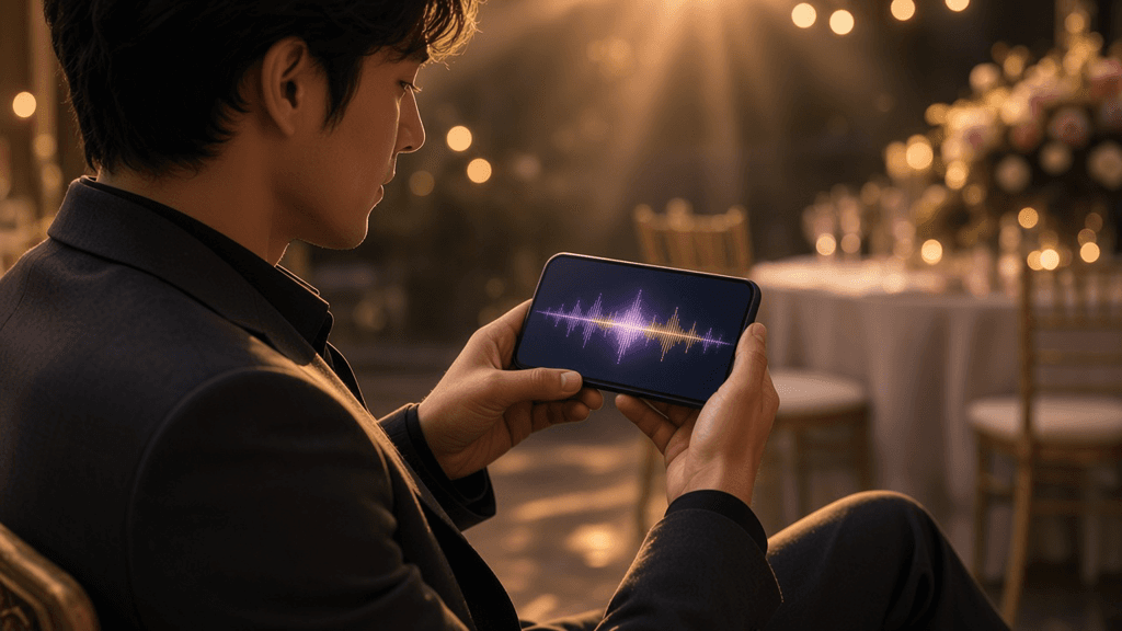 A guest recording a spoken message on a phone at a celebration