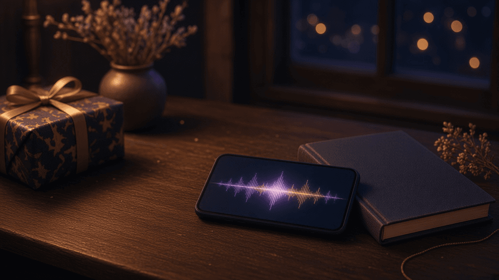 A hardcover memory book beside a phone recording a spoken message at dusk