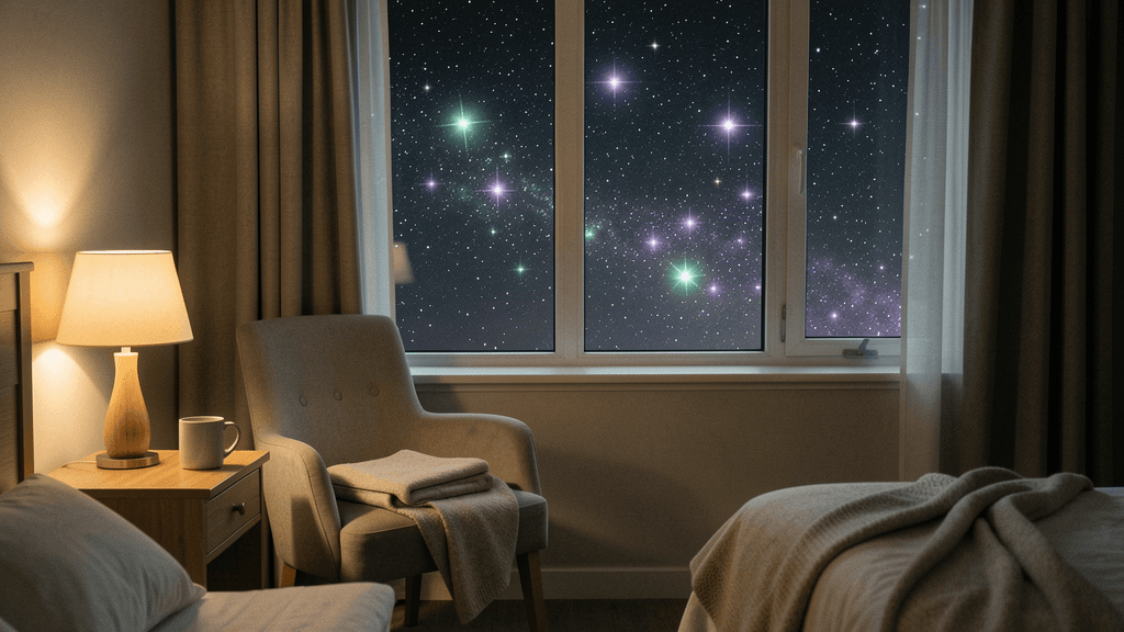 A calm bedroom at night with a softly lit bedside table and stars outside the window
