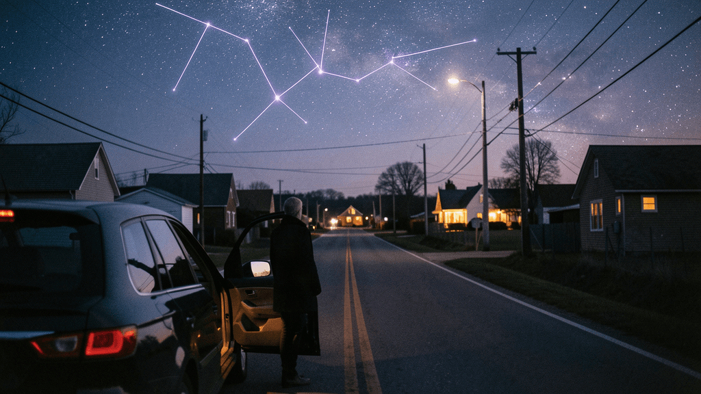 A person beside a car on a quiet road leaving town beneath a star-filled twilight sky
