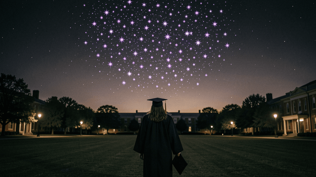 A graduate at twilight beneath a constellation of violet stars