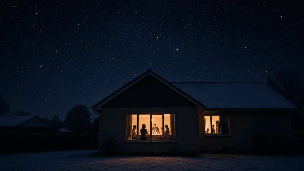 A quiet winter night, with a family gathered in a warm window under a sky full of stars