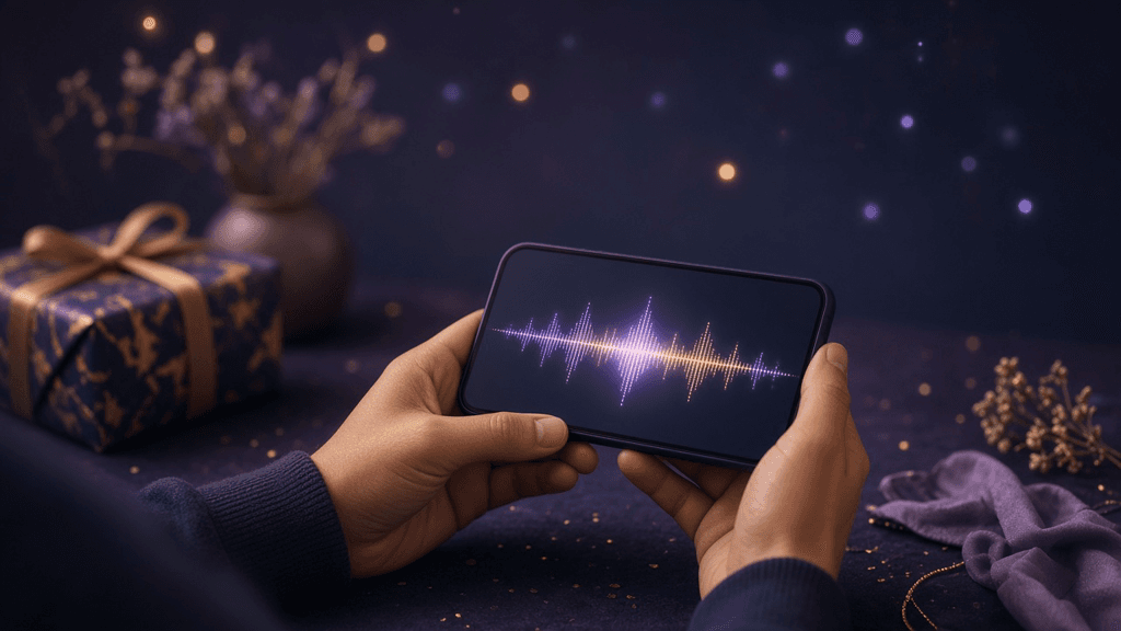 A person in a light hoodie holding a phone as if recording a voice message at dusk, with a crescent moon and stars behind them