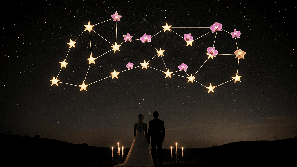 Newlyweds beneath a constellation after the wedding guests have gone